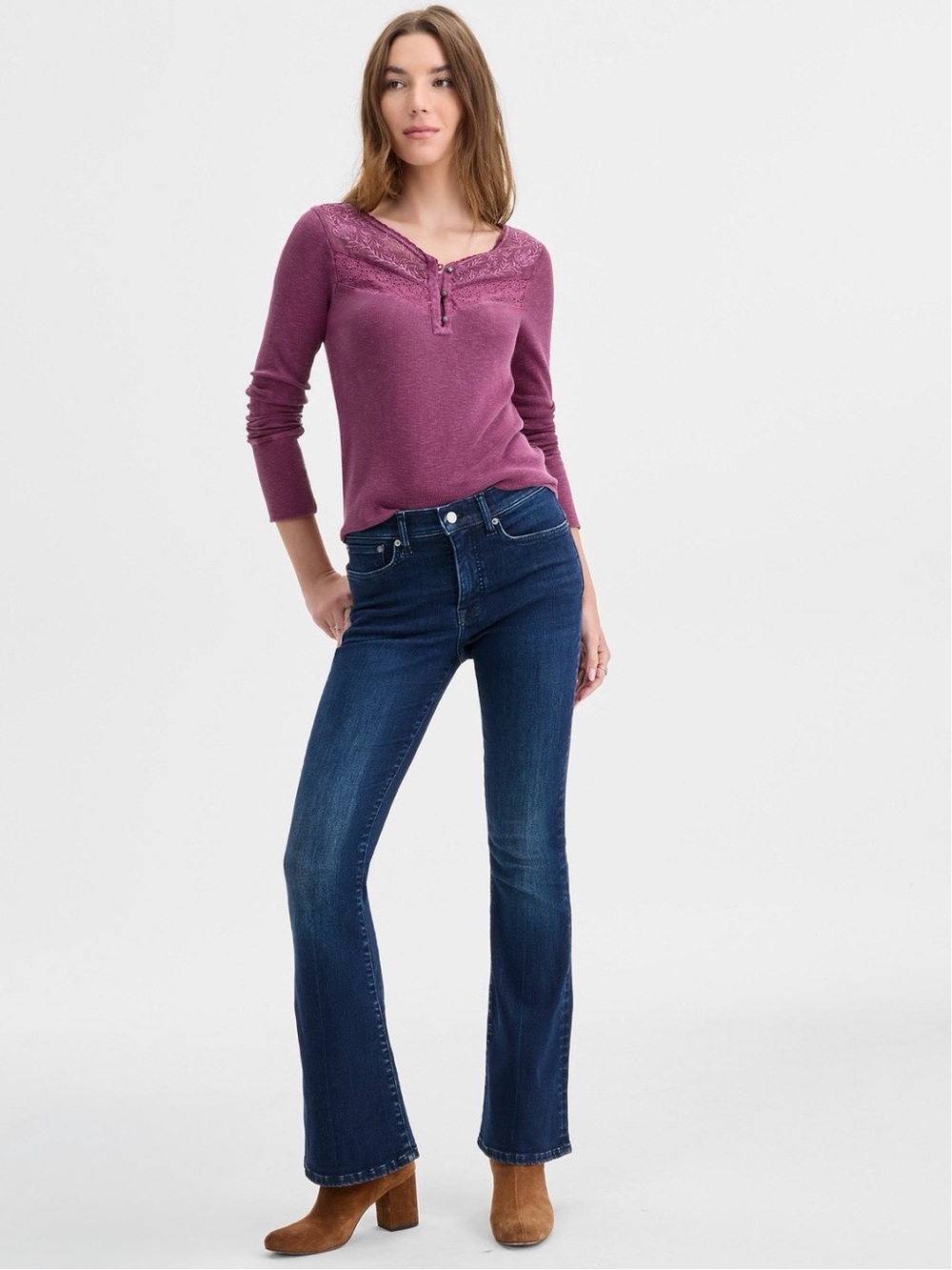 NEW💜Lucky Brand💜 Women's Lace-Yoke Long-Sleeve Henley Top, Windsor Wine, Small